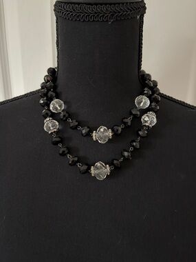 Elegant Black Beaded Necklace with Clear Crystal Accents
